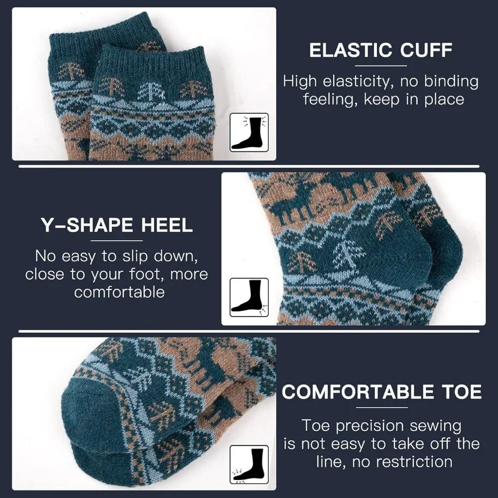 Wool Socks Mens Warm Winter Thermal Thick Pattern Crew Socks for Cold Weather 5 - Picture 4 of 6
